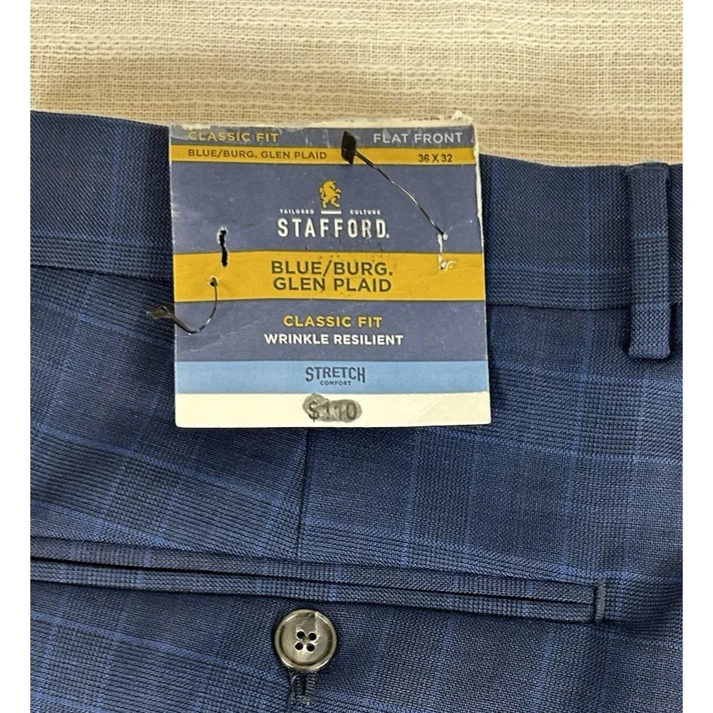 NWT Men's Stafford Blue Glen Plaid Dress Pants‎ Sz 36x32 Flat Front Stretch